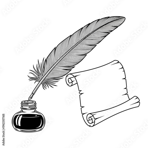 Quill pen and inkwell with parchment scroll, vintage writing tools