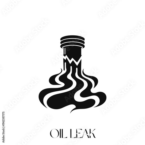Stylized black and white vector illustration of a fractured industrial component actively spilling dark fluid, symbolizing environmental contamination, waste, and ecological disaster risk