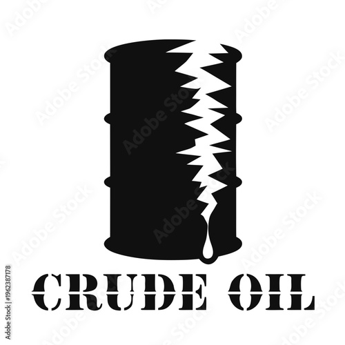 Iconic representation of a fractured industrial barrel, with liquid dripping, symbolizing the unrefined petroleum resource and energy supply