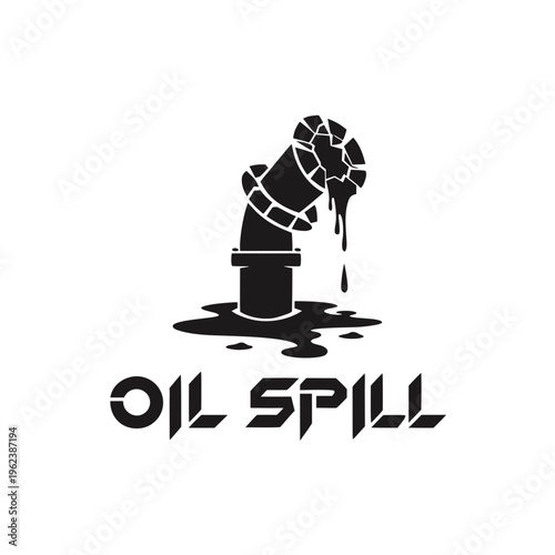 Oil Spill illustration logo symbolizing environmental pollution and industrial disaster with dripping crude oil from a pipe, representing ecological damage and conservation concerns