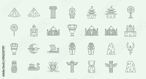 A collection of 30 gray line icons depicting various landmarks and monuments on a light green background with a white border at the bottom.
