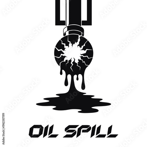 Impactful black and white illustration depicting a severe ecological disaster, with a ruptured industrial valve pouring viscous dark fluid creating a toxic slick