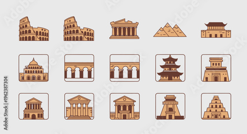 Flat lay of various iconic buildings and monuments in orange hues on a light gray background.
