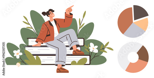 Education, data analysis, career development, informational graphics, research, business strategy. Woman sitting on books with plants, accompanied by pie charts. Education and data analysis concept