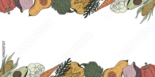 Artisan Hand-Drawn Vegetable Border Illustration. Farm Produce Frame Vector for Organic Market Branding and Sustainable Packaging