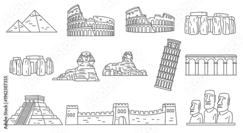 Illustration of various famous landmarks from around the world in a simple line drawing style on a white background.