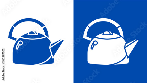 Modern Kettle Icon Set - Vector Illustration of Stovetop Teapot in Blue and White