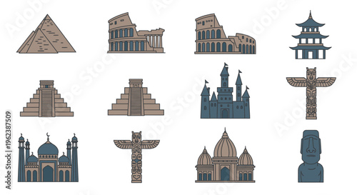 Flat lay of various iconic architectural landmarks from around the world in a minimalist style with a white background.