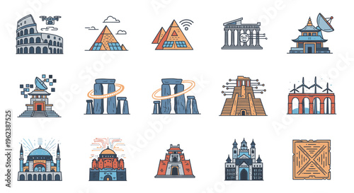 Collection of iconic landmarks and monuments in a flat, illustrative style against a clean white background.
