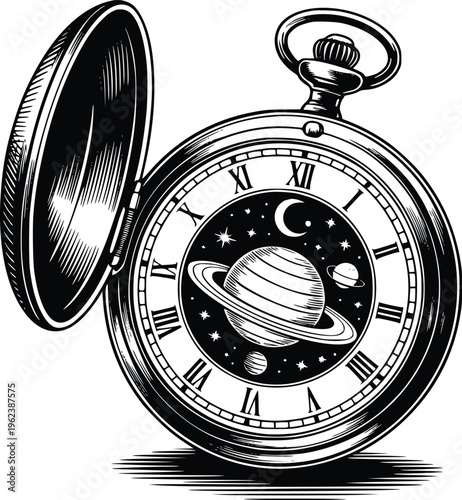 Antique pocket watch with celestial dial, cosmos inside open timepiece, vintage accessory detail, galaxy and planets, time concept PNG