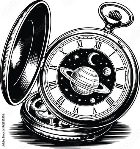 Antique pocket watch with celestial dial, cosmos inside open timepiece, vintage accessory detail, galaxy and planets, time concept PNG