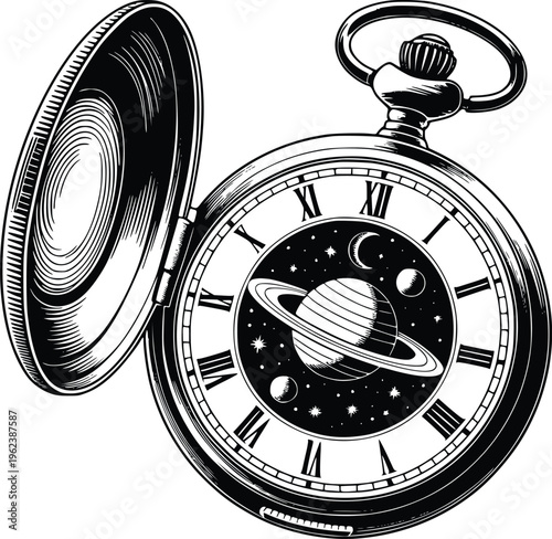 Antique pocket watch with celestial dial, cosmos inside open timepiece, vintage accessory detail, galaxy and planets, time concept PNG