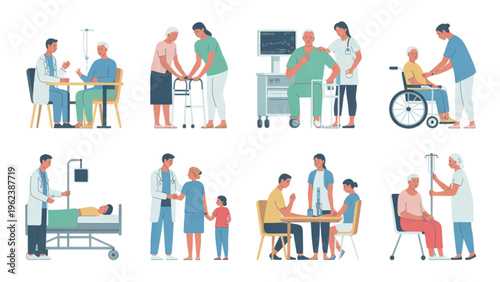 Comprehensive healthcare scenes featuring doctors, patients, and medical professionals in various care settings