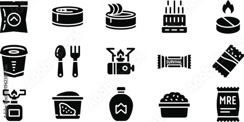 Collection of food and drink icons in black and white