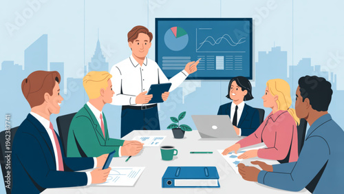 Professional team collaboratively analyzing data in a modern office meeting with diverse participants