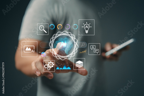 chat with AI. Artificial intelligence. The concept of accessing imagination by feeding commands to Ai to create what is in our mind with futuristic technology through the Internet.