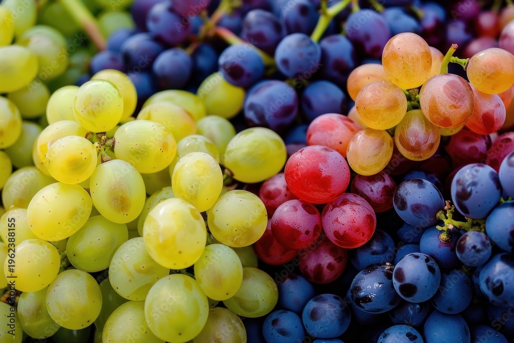 Fototapeta premium Close up of colorful bunches of grapes, highlighting the variety of colors and textures, perfect for backgrounds or food related projects