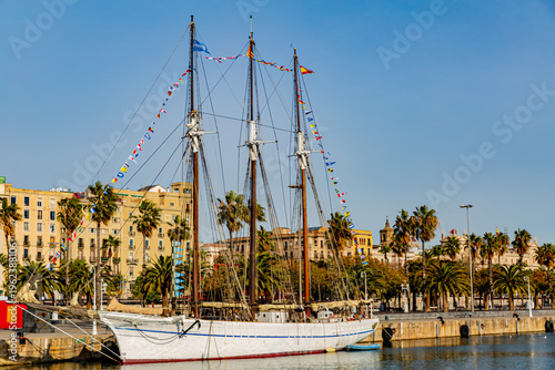 Canvastavla Sailing ship anchored at seafront pier, historic buildings in background, mainma