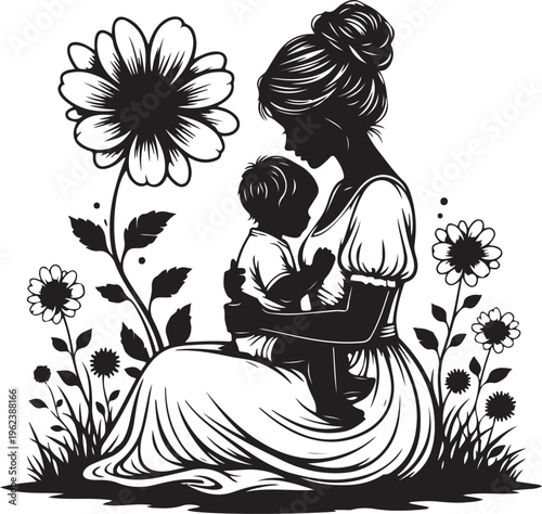 A tender moment of a mother embracing her child amidst blooming flowers isolated on transparent background, Vector