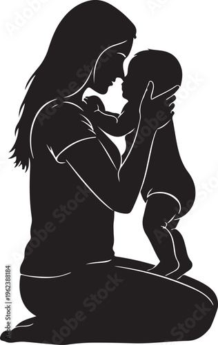 A tender moment between a mother and her baby in silhouette art style isolated on transparent background, Vector