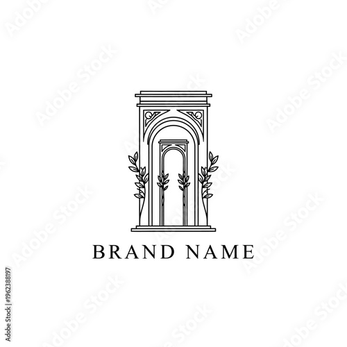 Elegant Archway with Botanical Elements Line Art Logo Design.