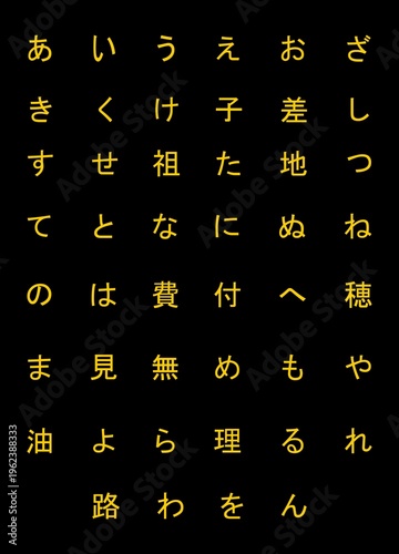 Japanese hiragana and kanji characters chart in yellow on black background.
