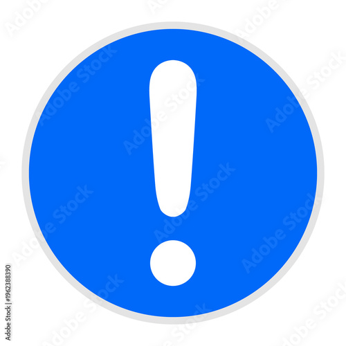 Warning icon, blue circular alert symbol, exclamation mark sign, safety notification badge