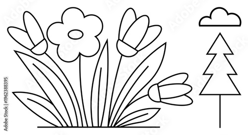Creative activities, decoration, nature education, eco-design, spring , art. Black and white outline of blooming flowers, a tree and a cloud. Creative activities and nature education concept