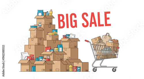 Shopping cart, big sale, cardboard boxes, retail, ecommerce, discount