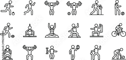 A collection of stick figure illustrations depicting various gym exercises and workouts