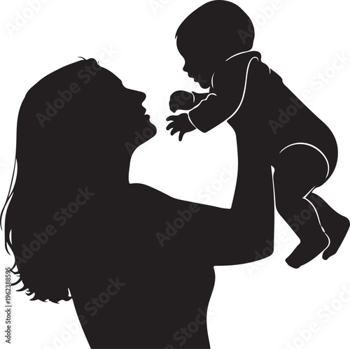A tender moment between a caregiver and a young child in silhouette form isolated on transparent background, Vector