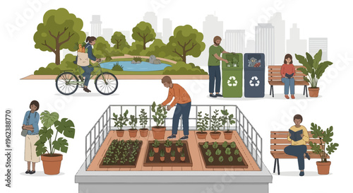 Sustainable Urban Living Illustration: Eco-Friendly Activities, Rooftop Gardening, Recycling, and Green City Lifestyle