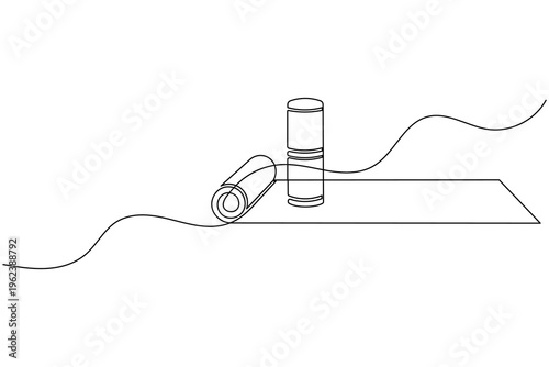 Yoga Mat with Gym Bottle Continuous One Line Art Drawing Minimal Workout Equipment Vector Illustration