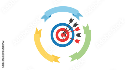 Achievement and success concept with arrows hitting a red target, symbolizing business goals, strategic focus, and project accomplishment