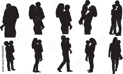 Diverse silhouettes of couples sharing tender and affectionate moments together isolated on transparent background, Vector