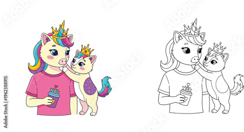 Cute Unicorn and Kitty Princess Cartoon Character with Coloring Page Line Art Vector Illustration for Kids Activity