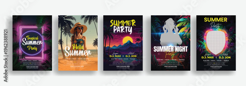 set of summer tropical night party invitation a4 print poster flyer template bundle with summer tropical leaves elements, neon lights background collections for summer party leaflet brochure design