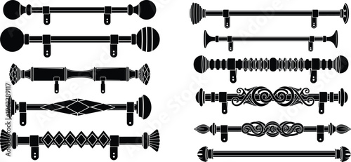 Curtain rod silhouette collection with decorative finials and brackets, window treatment hardware set isolated on white background, interior design elements for home decor and furnishing