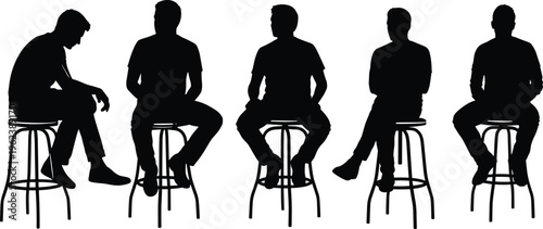 Man sitting on stool silhouettes collection, different poses and body language set isolated on white background, casual lifestyle and posture concept for design and illustration