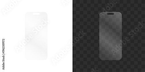 Realistic protective tempered glass for modern smartphone screen with dynamic island cutout isolated on transparent background