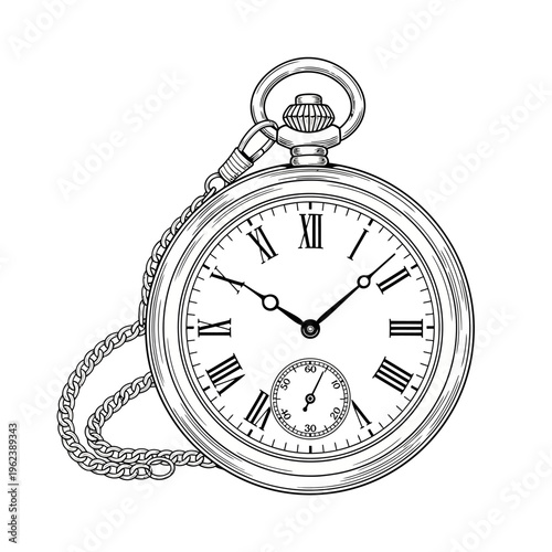 Vintage pocket watch with chain, roman numerals, classic timepiece, retro accessory, detailed illustration
