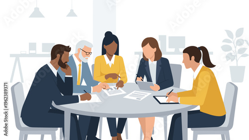 Diverse business team meeting around round table in modern office with natural lighting for corporate branding