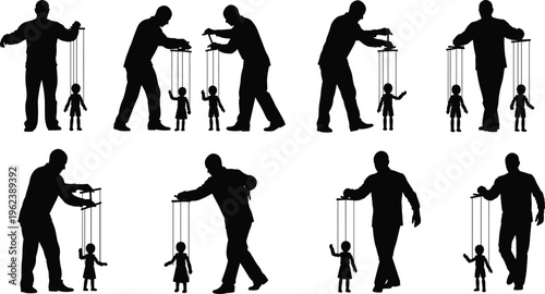 Businessman puppet master controlling child silhouettes, manipulation and power concept illustration, authority influence metaphor isolated on white background, psychological control visual
