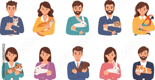 People Holding Pets Illustration Set with Cats, Dogs, Rabbits, and Parrot, Pet Owners and Animal Lovers Vector Character Collection