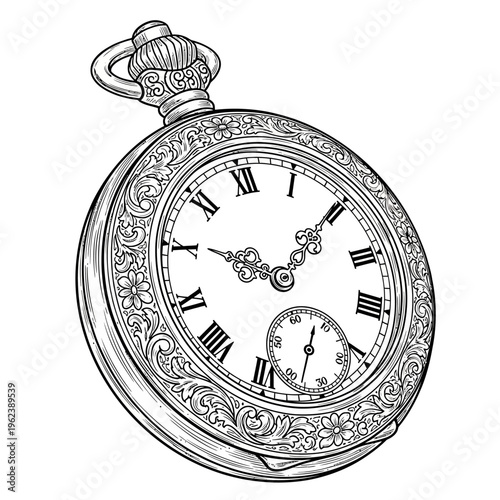Vintage pocket watch with ornate floral engraving, roman numerals, and detailed clockwork mechanism.