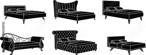 Bed silhouettes collection, modern and classic bedroom furniture set, upholstered beds couch style vector illustration, sleeping interior design icons