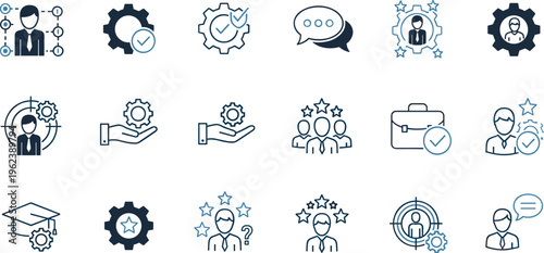 Business management and professional skill icons set featuring leadership gear mechanisms target goals expertise and career development flat vector illustration.