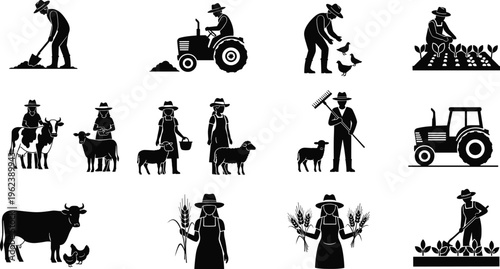 Farmer silhouettes collection, agriculture workers with animals tractor farming tools vector illustration, rural life farming activities icons set