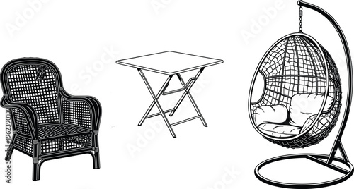 Outdoor furniture line art set, wicker chair folding table hanging egg chair vector illustration, patio garden seating modern design