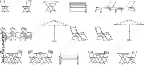 Outdoor furniture collection line art set, patio chairs tables umbrellas loungers bench vector illustration, garden terrace equipment icons minimalist
